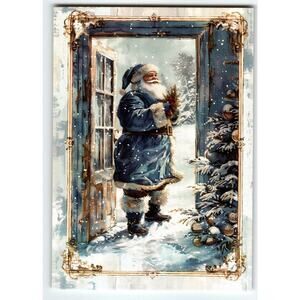 Vintage Christmas Postcard Blue Santa Claus Saint Nick with Tree Lithograph